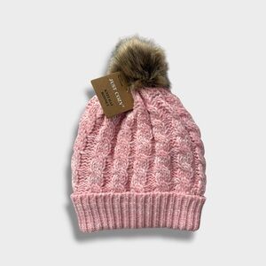 Just Cozy Pink Sherpa Lined Knit Hat with Faux Fur Pom